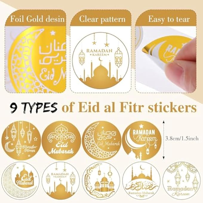 500PCS GOLD FOIL RAMADAN STICKERS, EID MUBARAK STICKER ROLL 9 PATTERNS RAMADAN KAREEM LABELS FOR GIFT TAG GREETING CARDS ENVELOPE MUSLIM PARTY DECORATIONS PARTY SUPPLIES - Image 3